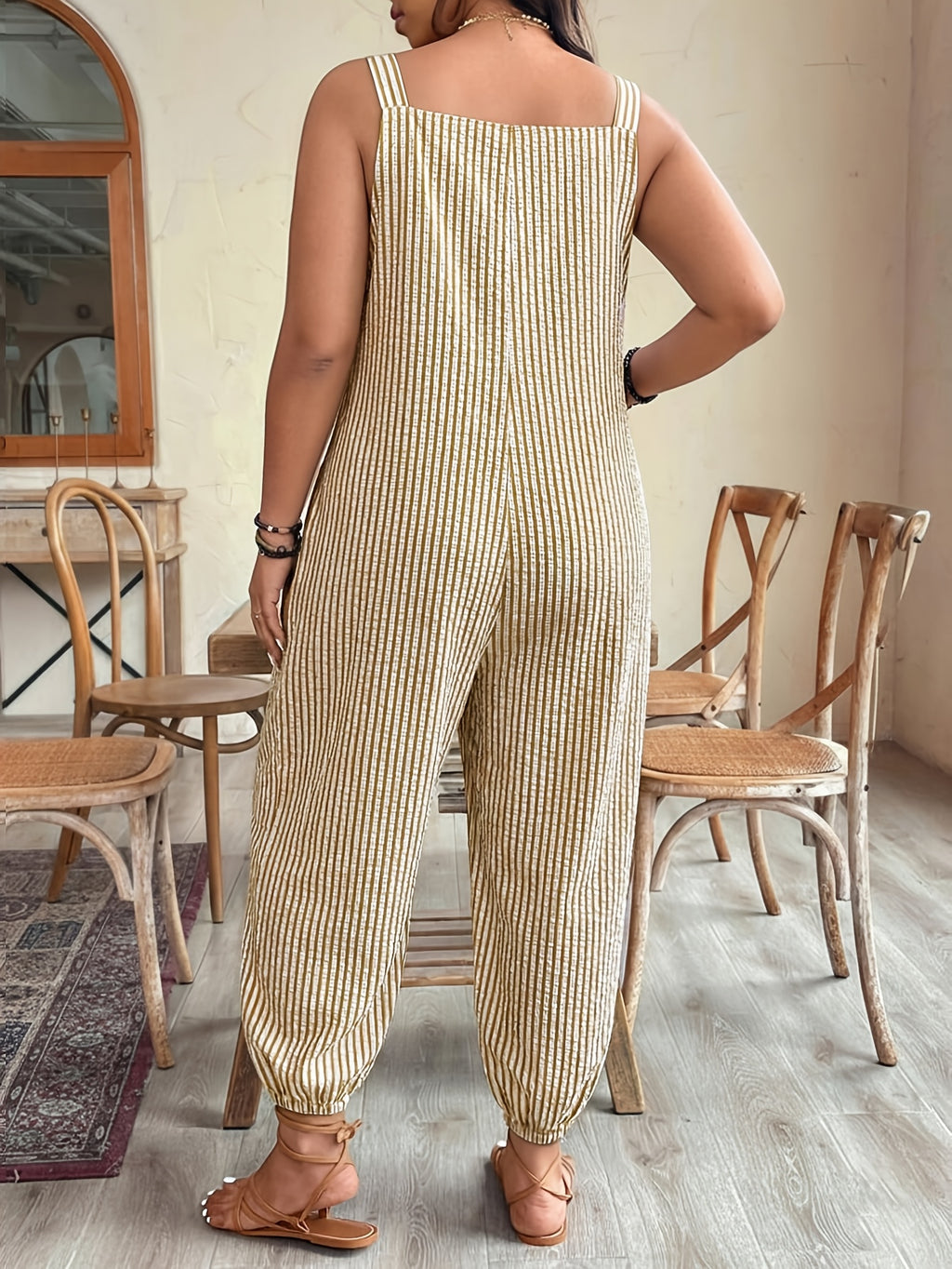 Standard Size Women's Spring/Summer Elegant and Fashionable Commuter Striped Pocket Cuffed Suspender Jumpsuit - Yellow And White Stripes