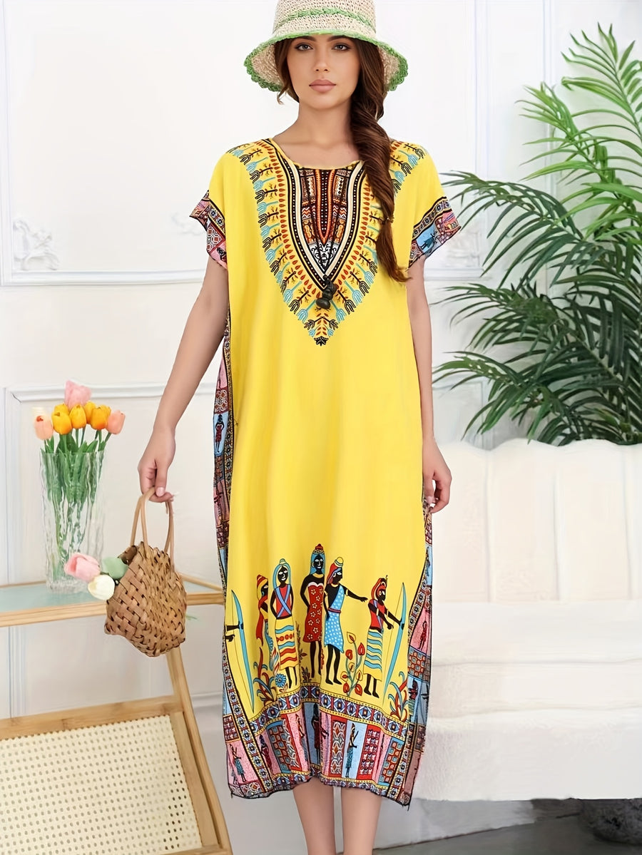 Ethnic Style Dress Summer New Bohemian Style Vacation Batwing Sleeve Dress Loose Beach Dress - Yellow