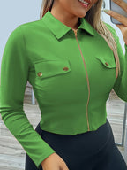 Women's Slim-Fit Lapel Zip Casual Solid Long Sleeve Shirt - Green