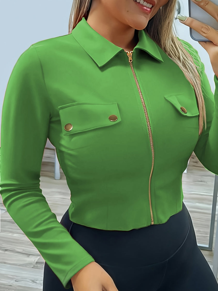 Women's Slim-Fit Lapel Zip Casual Solid Long Sleeve Shirt - Green