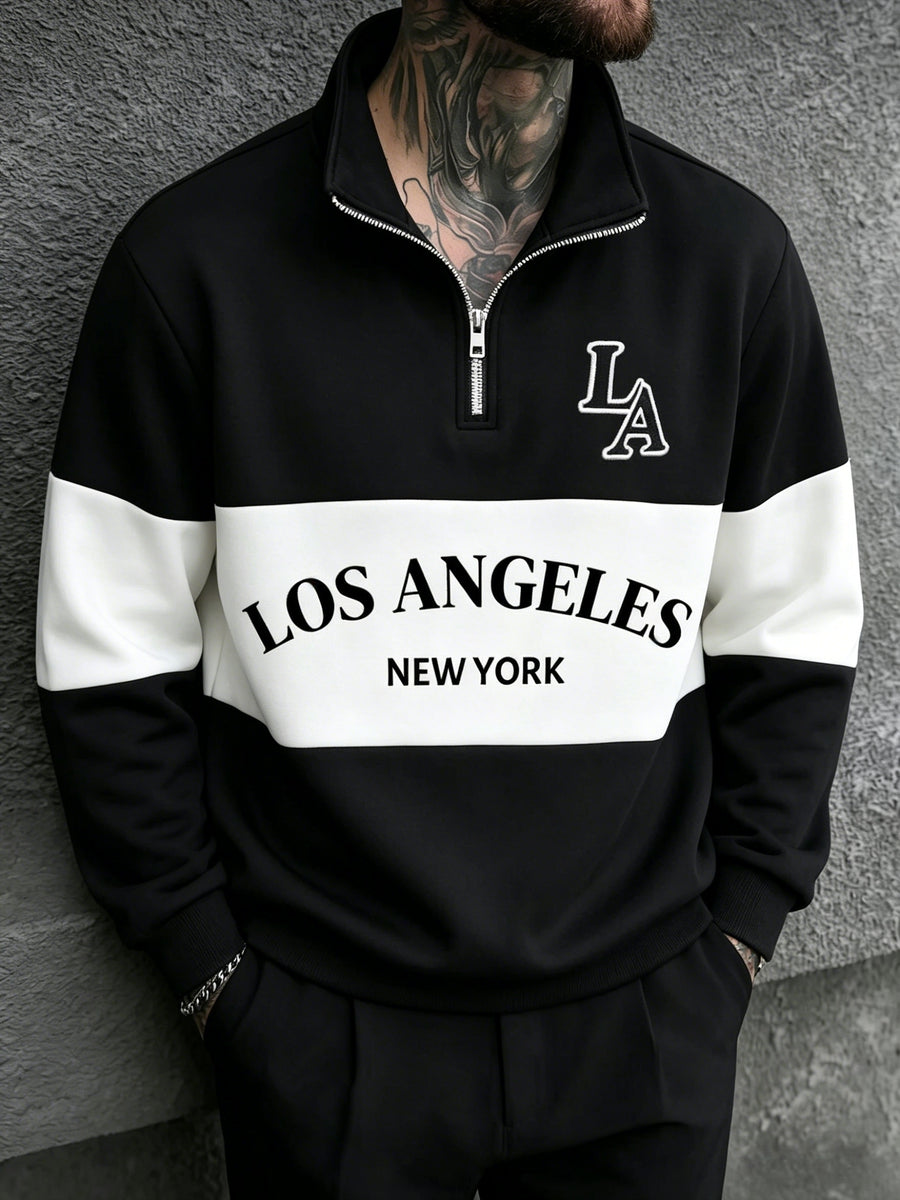 [Shule Water OBM] Spring Men'S Color-Block Letter Print Half-Zip Sweatshirt - Black