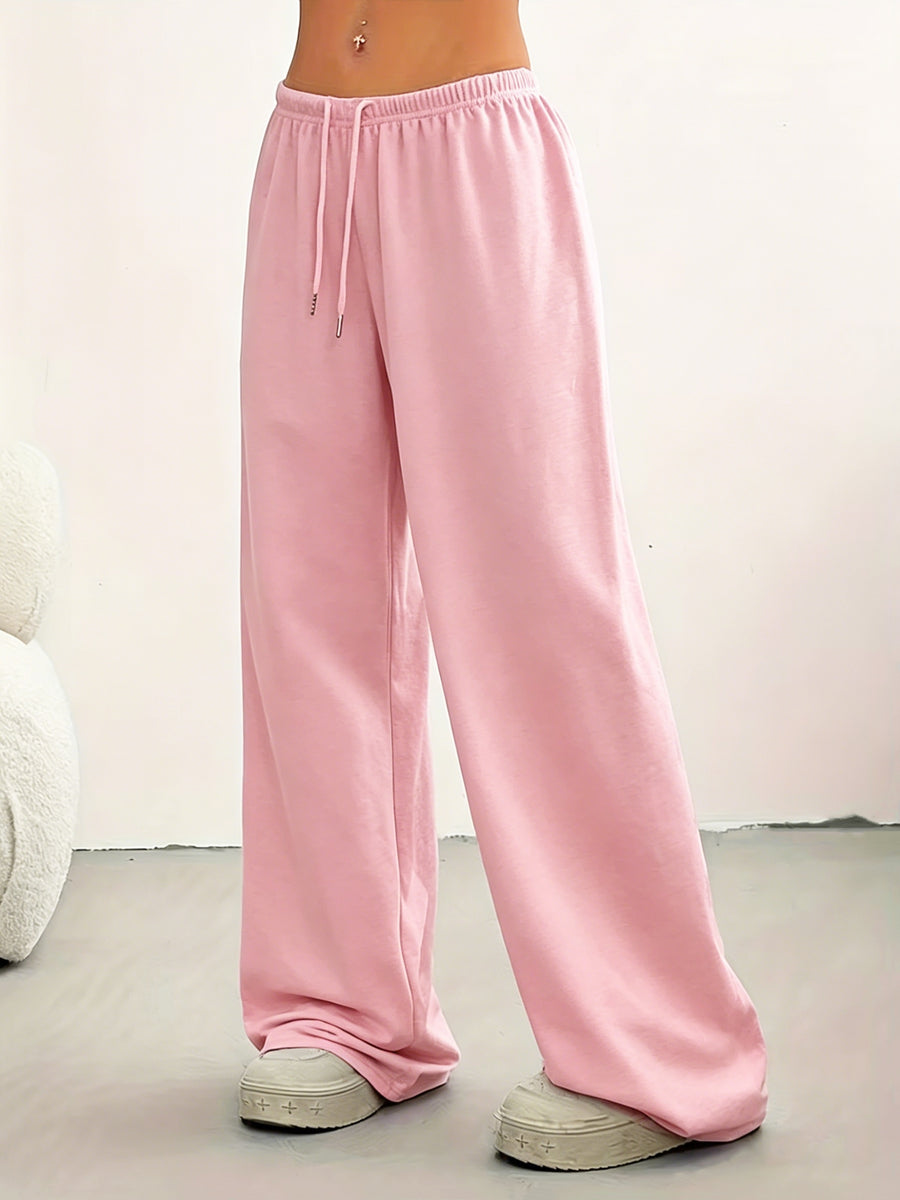 Lazy Style Solid Wide-Leg Pants Women'S High-Waist Drapey Floor-Length Trousers Versatile Casual Sweatpants - Pink Color