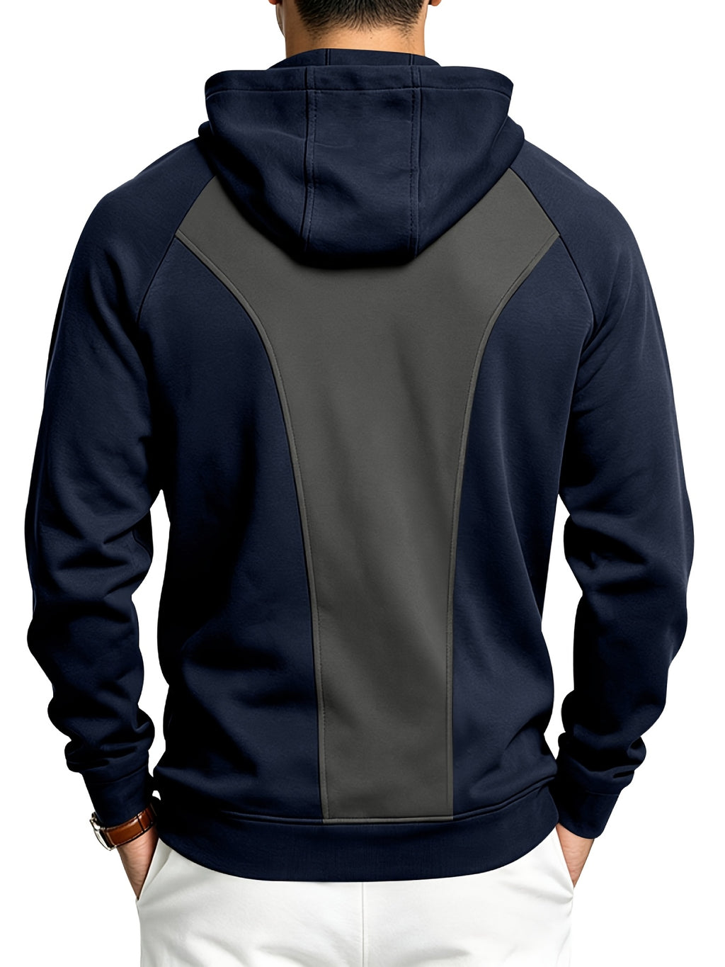 Men's Autumn/Winter Outdoor Loose Fit Casual Sporty Fitness Spliced Hooded Sweatshirt - Navy Color