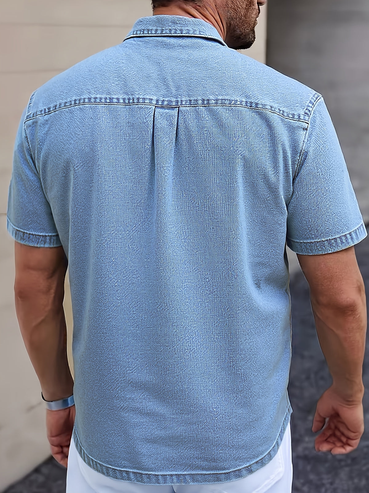 Men's New Summer American Vintage Denim Short-Sleeve Shirt, Washed & Distressed Finish, Loose Drop-Shoulder Fit with Lapel, Casual Versatile Design, Ideal for Daily Wear, Vacation & Streetwear, Wearable as Outerwear or Inner Layer - Royal Blue