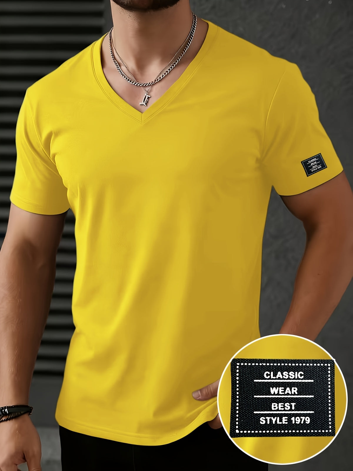 Men'S Patchwork V-Neck Short Sleeve T-Shirt, Suitable for Summer Outdoor Casual Wear, Casual Versatile Knit Top - Yellow