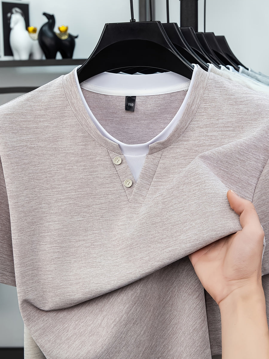 [Saa Xing OBM] Spring Summer New Men'S Polo Shirt, Faux Two-Piece V-Neck Open Collar And Round Neck Short Sleeve T-Shirt Men'S Business Casual Fashion Breathable All-Match Knit Pullover Base Layer Top - Light Pink Color