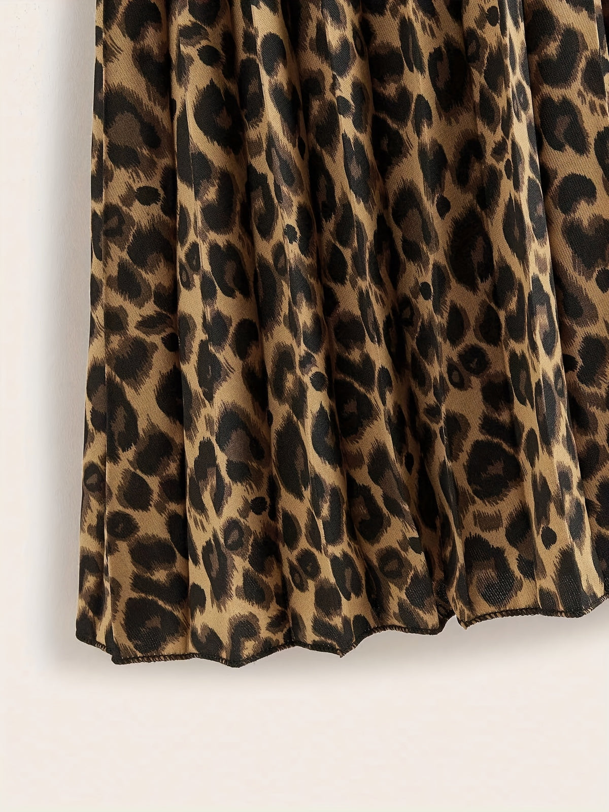 Women's Casual Leopard Print Pleated Skirt - Tiered Flared Hem, Machine Washable All-Season Versatile Style for Casual Attire & Parties, Cute Skirts, Party Attire, Nontransparent Fabric - Multicolor