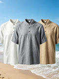 2026 New American Three-Piece Linen Stand-Up Collar Buckle Short Sleeve Summer Leisure Sports Business Home Trendy Brand Thin Breathable Versatile Henley Shirt - White+Gray+Khaki