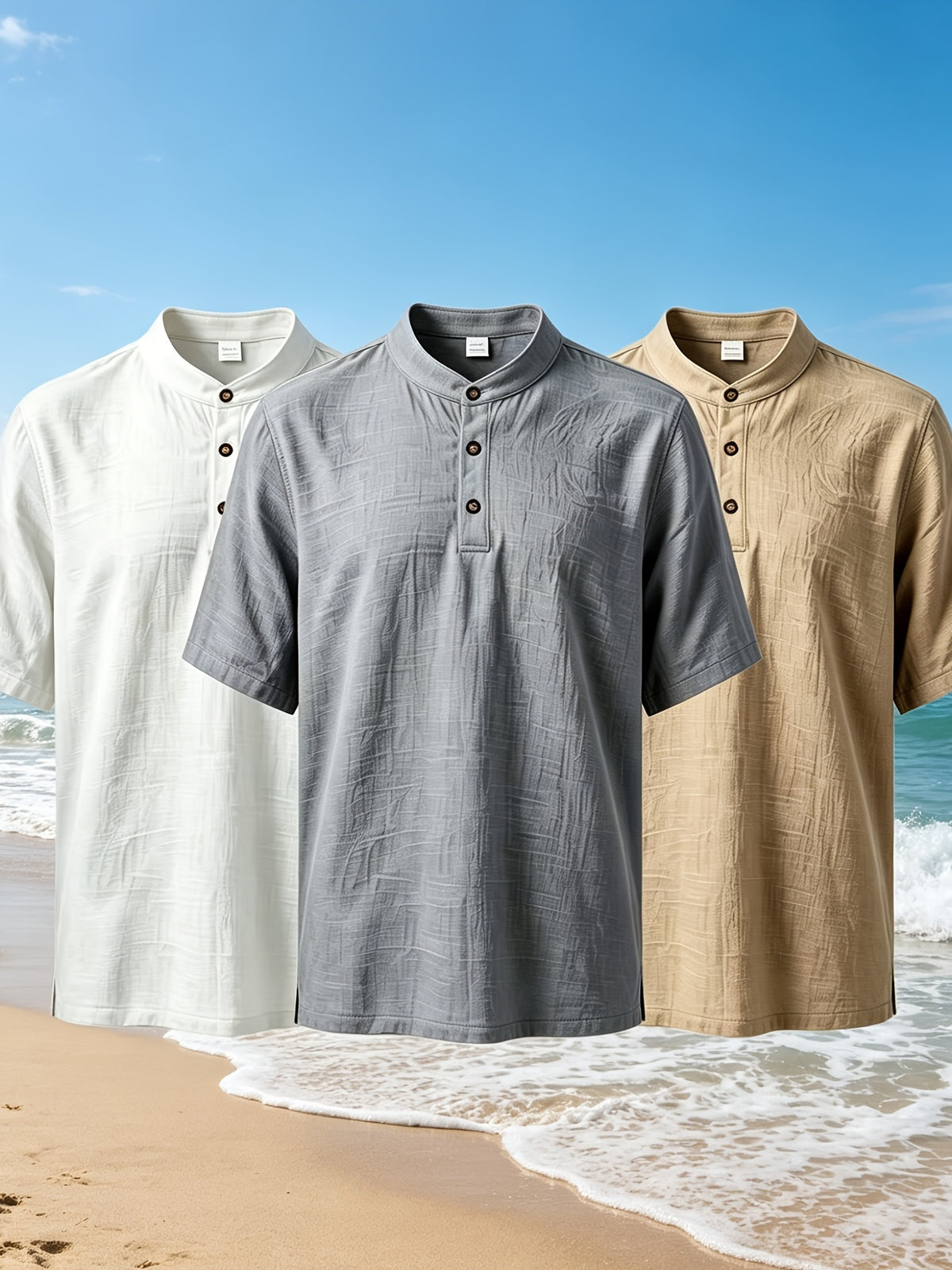 2026 New American Three-Piece Linen Stand-Up Collar Buckle Short Sleeve Summer Leisure Sports Business Home Trendy Brand Thin Breathable Versatile Henley Shirt - White+Gray+Khaki