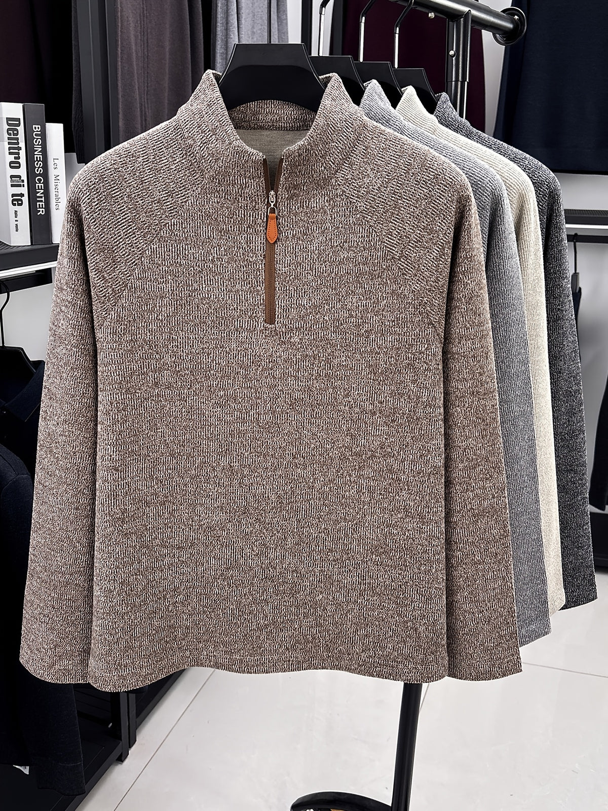 1pc Du Jing Lan OBM Men's Half-Zip Sweater - Solid Color Ribbed Knit Pullover with Stand Collar, Half-Zip Front Suitable for Layering, Business Casual & Outdoor Wear, Long Sleeve for Golf, Basketball, Daily Layering ( Autumn/Winter New Arrival) - Coffee Color