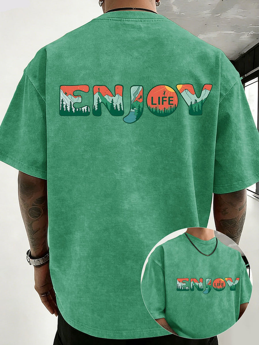 Loose Short Sleeve T-Shirt Men'S Heavyweight Pure Washed Distressed Top Trendy Double-Sided Print 12 Colors Free to Match Street Hip-Hop Style Casual Outing Sports Fitness Commuting Couple Style American Street Short Sleeve - Green