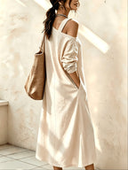 Women's Asymmetric Off-Shoulder Long Dress, Casual Long Sleeve Loose Split Midi Dress with Pockets, Suitable for Daily Commuting, Vacation, and Office Wear - Apricot