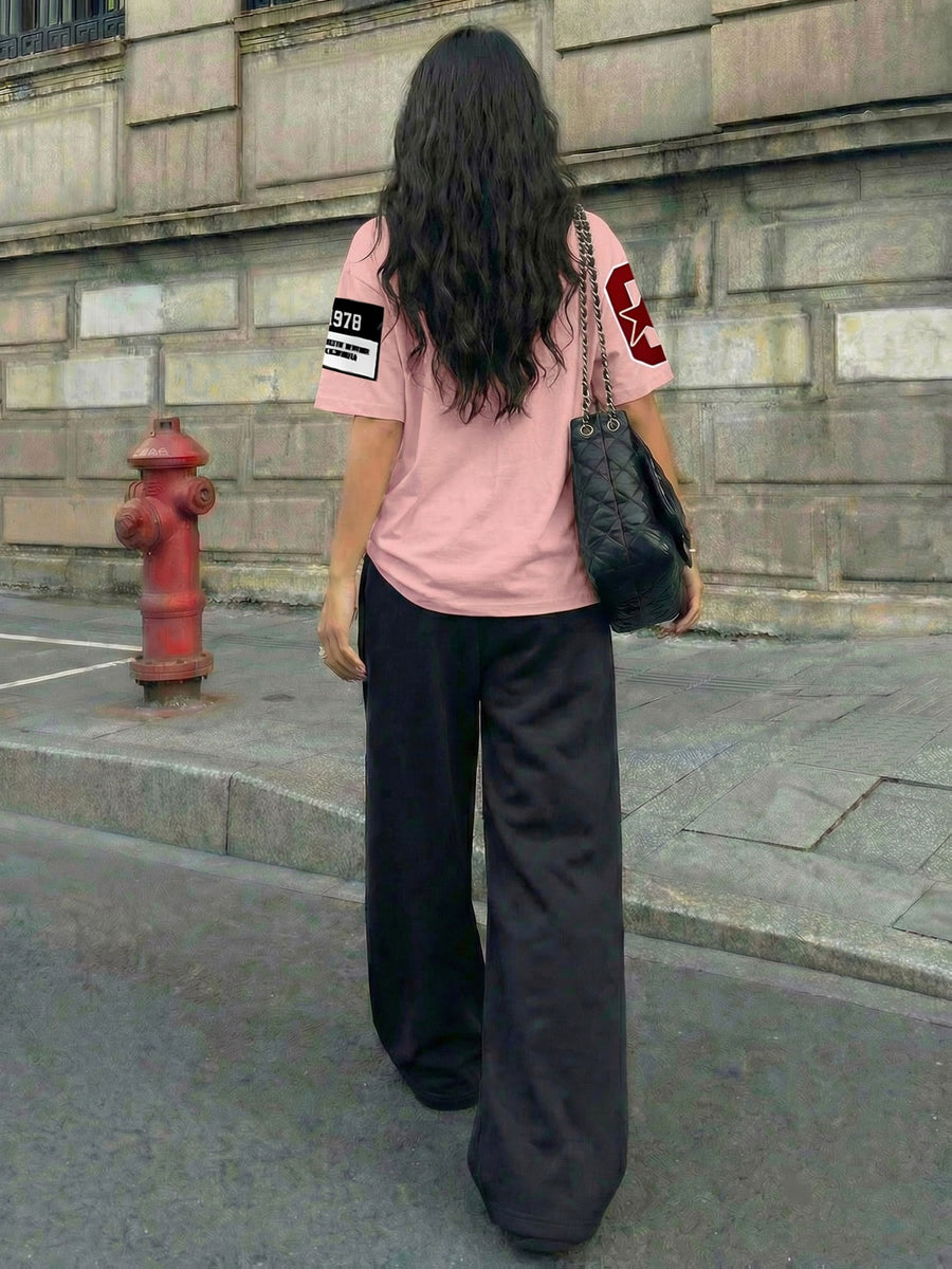 Casual Streetwear 58.42 cmCalifornia" Print Crew Neck Short Sleeve Top and Loose Drawstring Long Pants 2pcs Set, Women's Jersey Sporty Style Outfit, Suitable for Summer Street Style Hot - Fan+Black