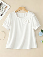 Elegant Casual Square Neck Short Sleeve Shirt with Bow and Puff Sleeves, Solid Color Top - White