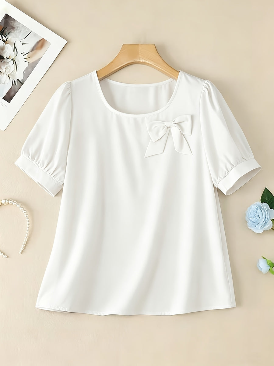 Elegant Casual Square Neck Short Sleeve Shirt with Bow and Puff Sleeves, Solid Color Top - White