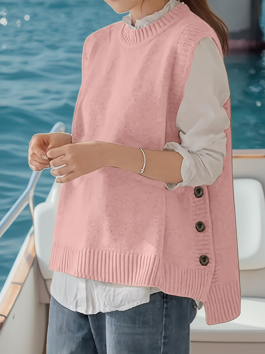 Round Neck Short Front And Long Back Button Sweater - Pink Color