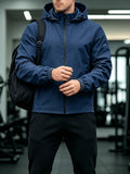 Outdoor Men'S Hooded Jacket Solid Color Breathable Sleeve Print Commuting Sports Windbreaker Suitable for Daily Work Scenes - Blue