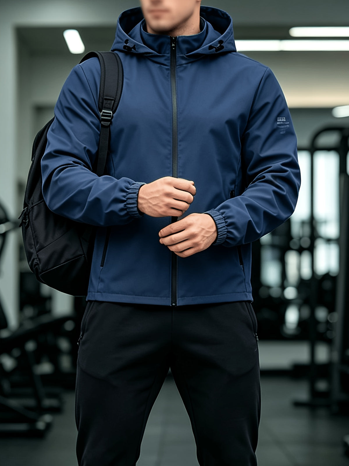 Outdoor Men'S Hooded Jacket Solid Color Breathable Sleeve Print Commuting Sports Windbreaker Suitable for Daily Work Scenes - Blue