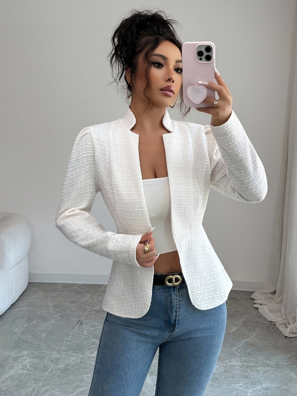 Women'S Autumn Winter Plaid Textured Stand Collar Long Sleeve Open Cardigan Jacket - White