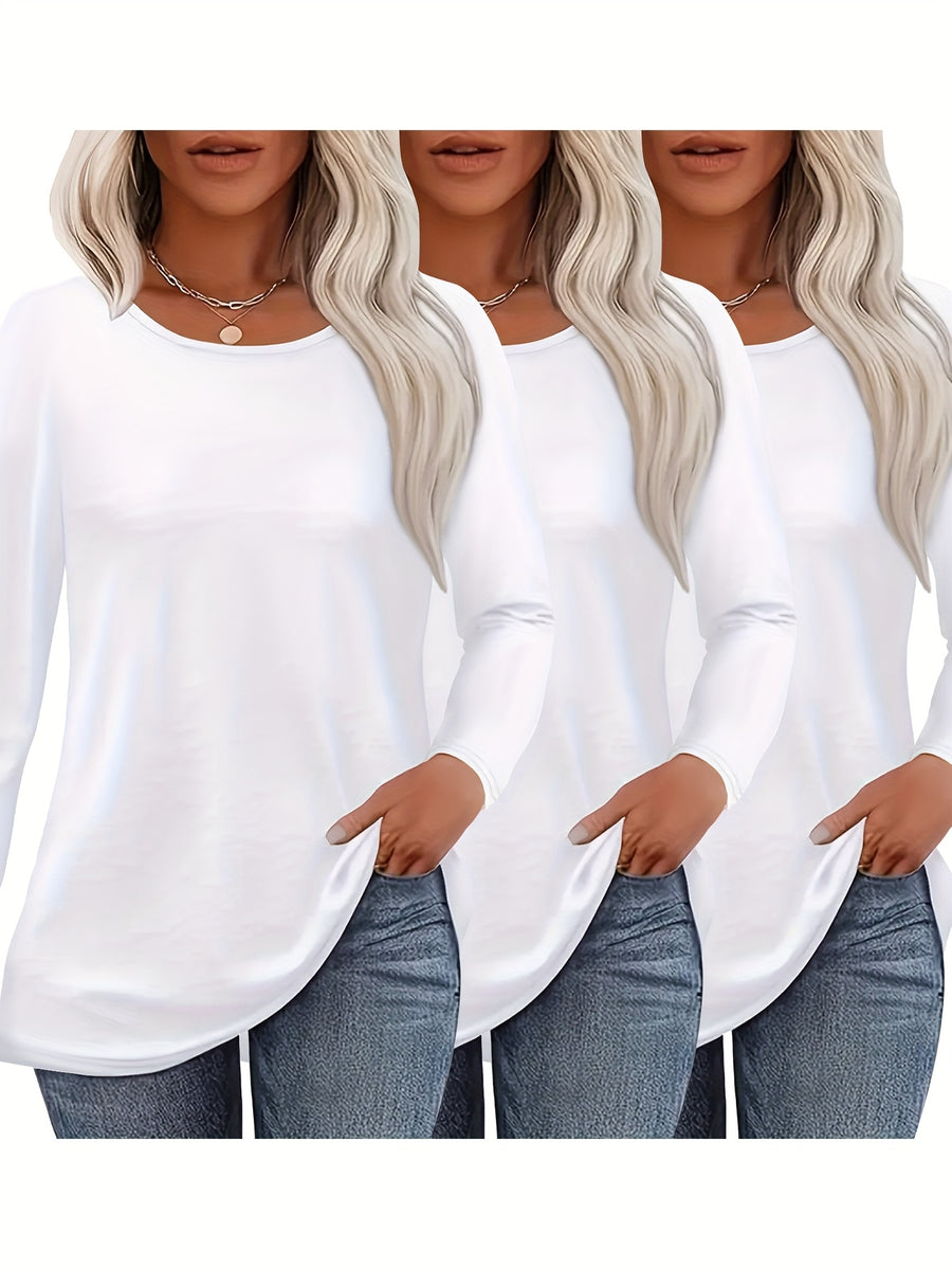 3pcs Long Sleeve Solid Color Women'S T-Shirts, Casual Holiday Outing Versatile Fall Winter Top Round Neck - White