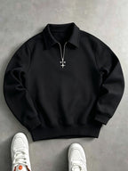 Men'S Sweatshirt, Korean Old Money Style Metallic Half-Zipper Stand-Up Collar Sweatshirt, Trendy Casual Versatile Easy Long Sleeve Top for Spring Fall - Black