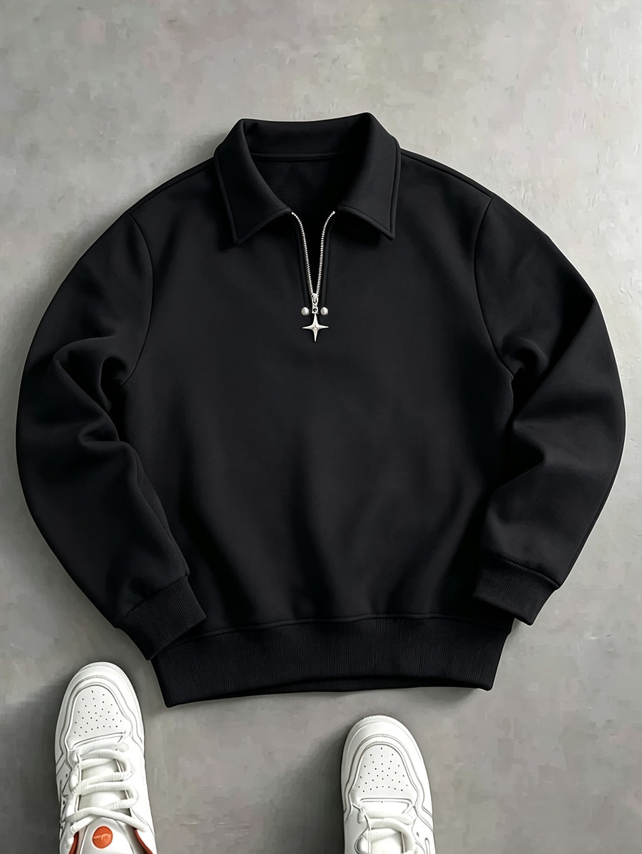Men'S Sweatshirt, Korean Old Money Style Metallic Half-Zipper Stand-Up Collar Sweatshirt, Trendy Casual Versatile Easy Long Sleeve Top for Spring Fall - Black