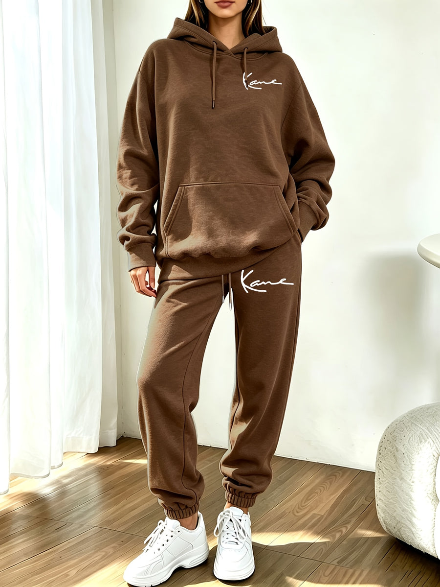 Autumn Winter Trendy Fashion Hooded Drawstring Sweatshirt And Jogger Pants Women'S Set, Hooded Drawstring Design, Front Kangaroo Pocket on Sweatshirt, Comfortable Wear for Cold Weather, Classic Silhouette, Comfortable Fit - Brown 1