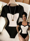 French Retro Color-Block Square Neck Jumpsuit, Jacquard Patchwork Waist-Defining Short Sleeve Bodysuit - Black+White