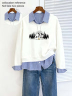 Single Purchase of a Trendy V-neck Sweatshirt with Long Sleeves, Paired with a Shirt for a Visually Striking Campus Elegant Style. Image for Reference Only, Not a 2-in-1 Look - White