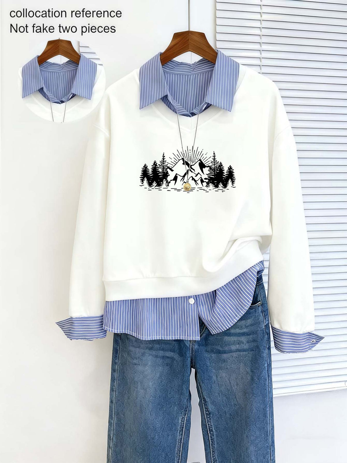 Single Purchase of a Trendy V-neck Sweatshirt with Long Sleeves, Paired with a Shirt for a Visually Striking Campus Elegant Style. Image for Reference Only, Not a 2-in-1 Look - White