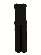 Women's Casual 2pcs Set Solid Color Loose Sleeveless V-Neck Tank Top + Wide-Leg Pants - Black
