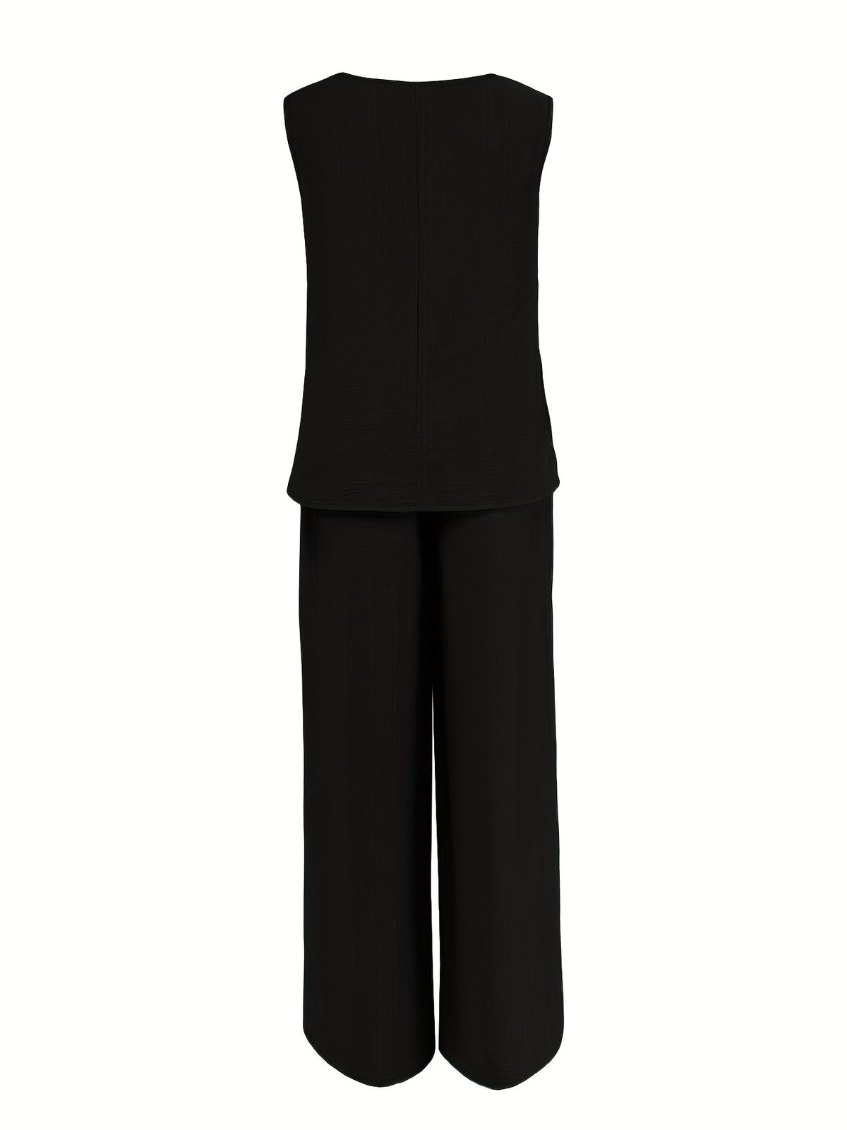 Women's Casual 2pcs Set Solid Color Loose Sleeveless V-Neck Tank Top + Wide-Leg Pants - Black