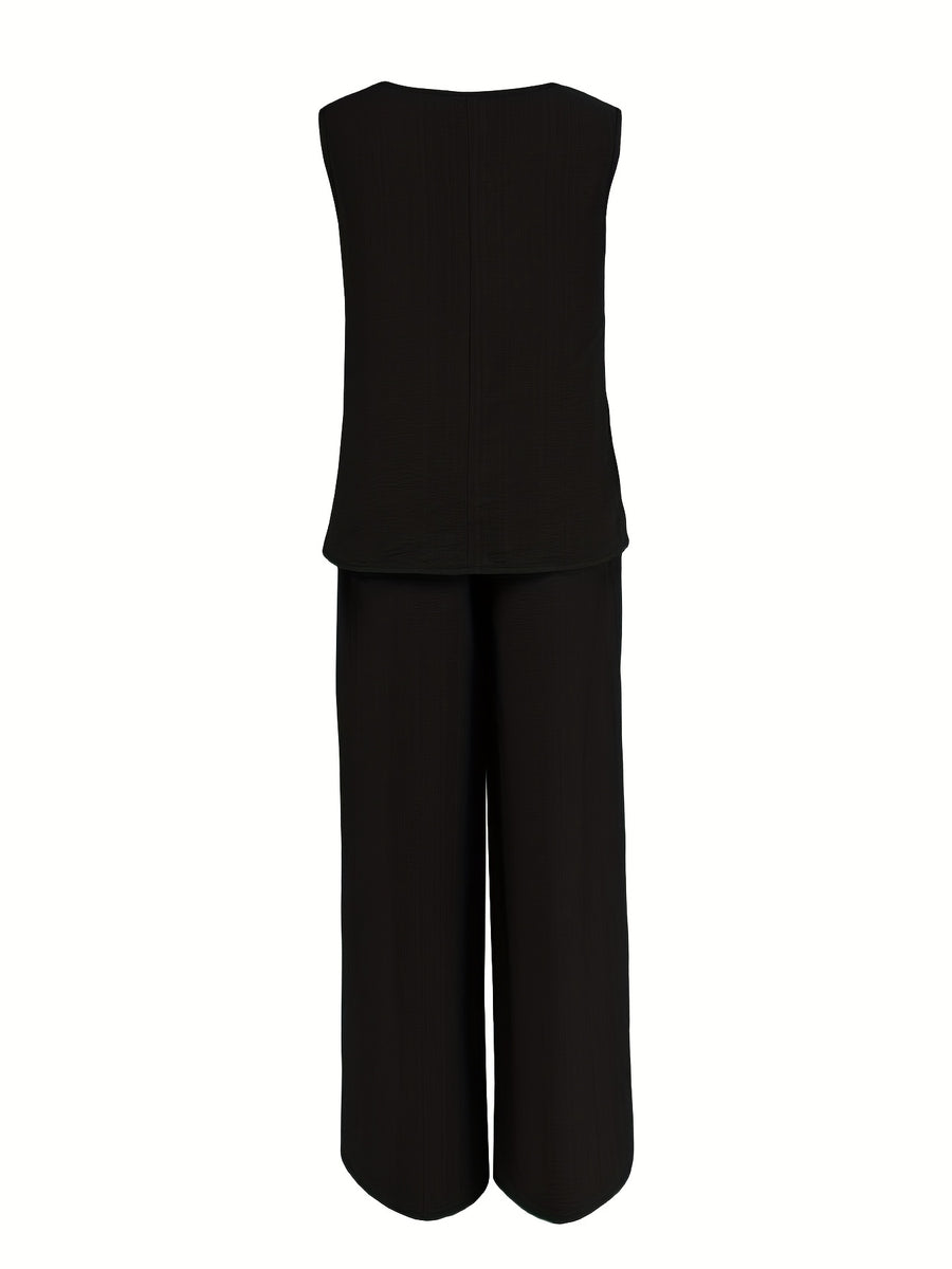 Women's Casual 2pcs Set Solid Color Loose Sleeveless V-Neck Tank Top + Wide-Leg Pants - Black