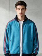 Stand Collar Striped Sports Jacket Waffle Knit Fabric Soft And Breathable Full Zip Closure for Easy Wear Double Zipper Pockets for Storage Drop Shoulder Loose Style Retro Casual, Spring, Fashion, Men, Outdoor, Quick-Dry - Azure
