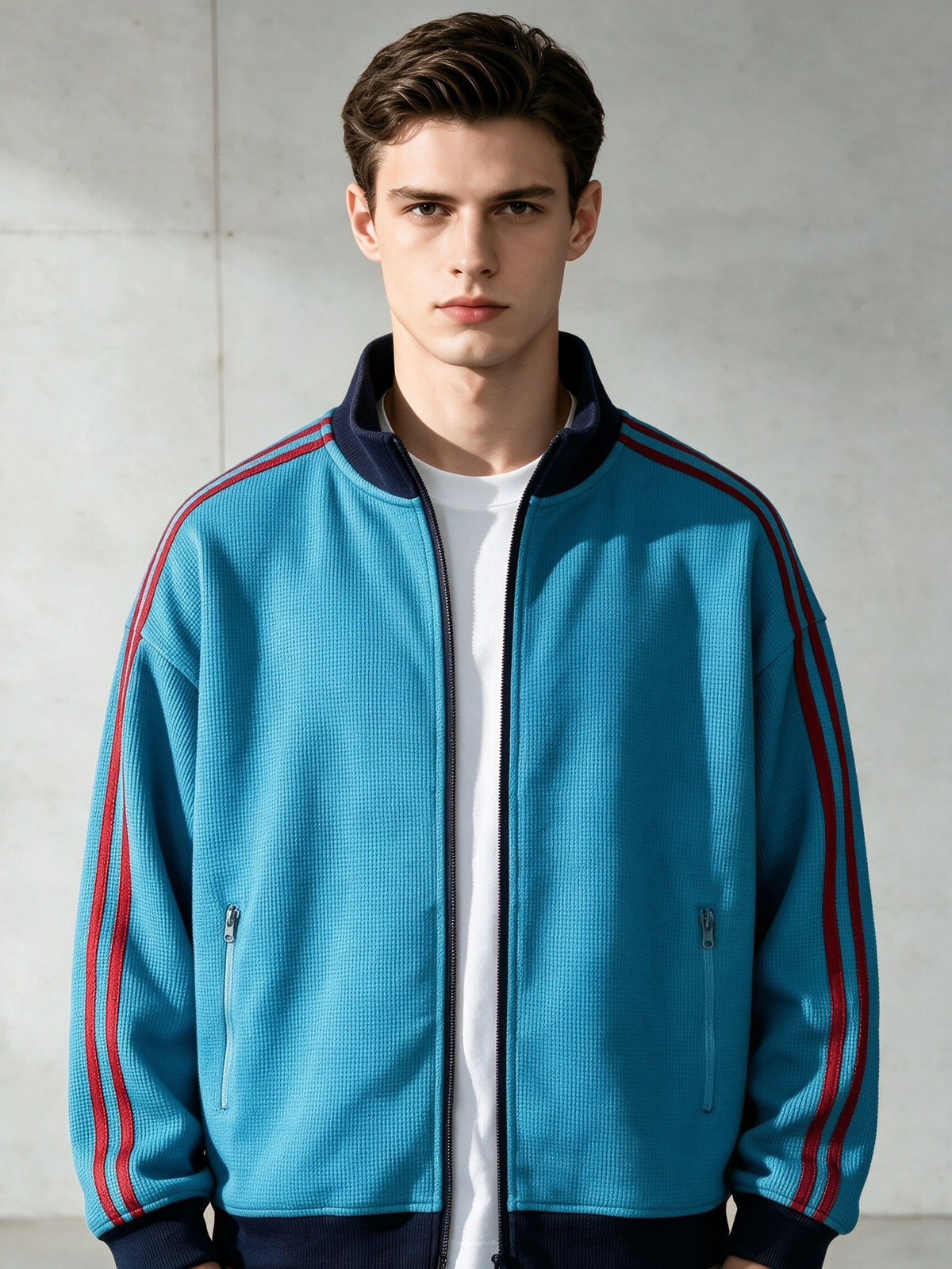Stand Collar Striped Sports Jacket Waffle Knit Fabric Soft And Breathable Full Zip Closure for Easy Wear Double Zipper Pockets for Storage Drop Shoulder Loose Style Retro Casual, Spring, Fashion, Men, Outdoor, Quick-Dry - Azure