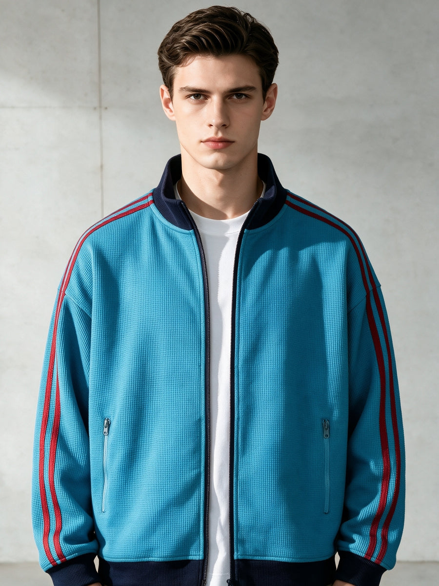 Stand Collar Striped Sports Jacket Waffle Knit Fabric Soft And Breathable Full Zip Closure for Easy Wear Double Zipper Pockets for Storage Drop Shoulder Loose Style Retro Casual, Spring, Fashion, Men, Outdoor, Quick-Dry - Azure