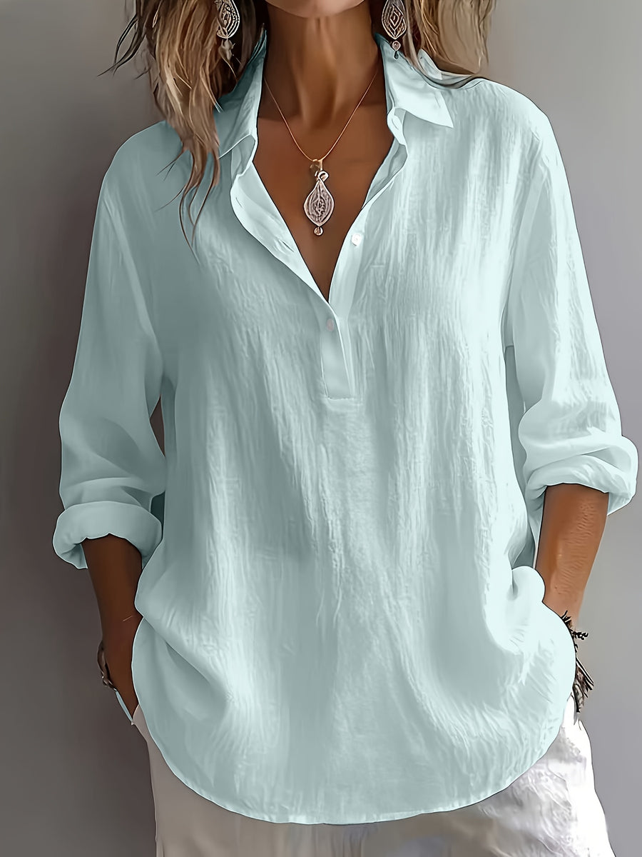 Multi-Color Available Taxi Direction New Stunning Elegant Style Solid Color POIO Collar Long Sleeve Spring Autumn All-Season Versatile Shirt - Light Blue