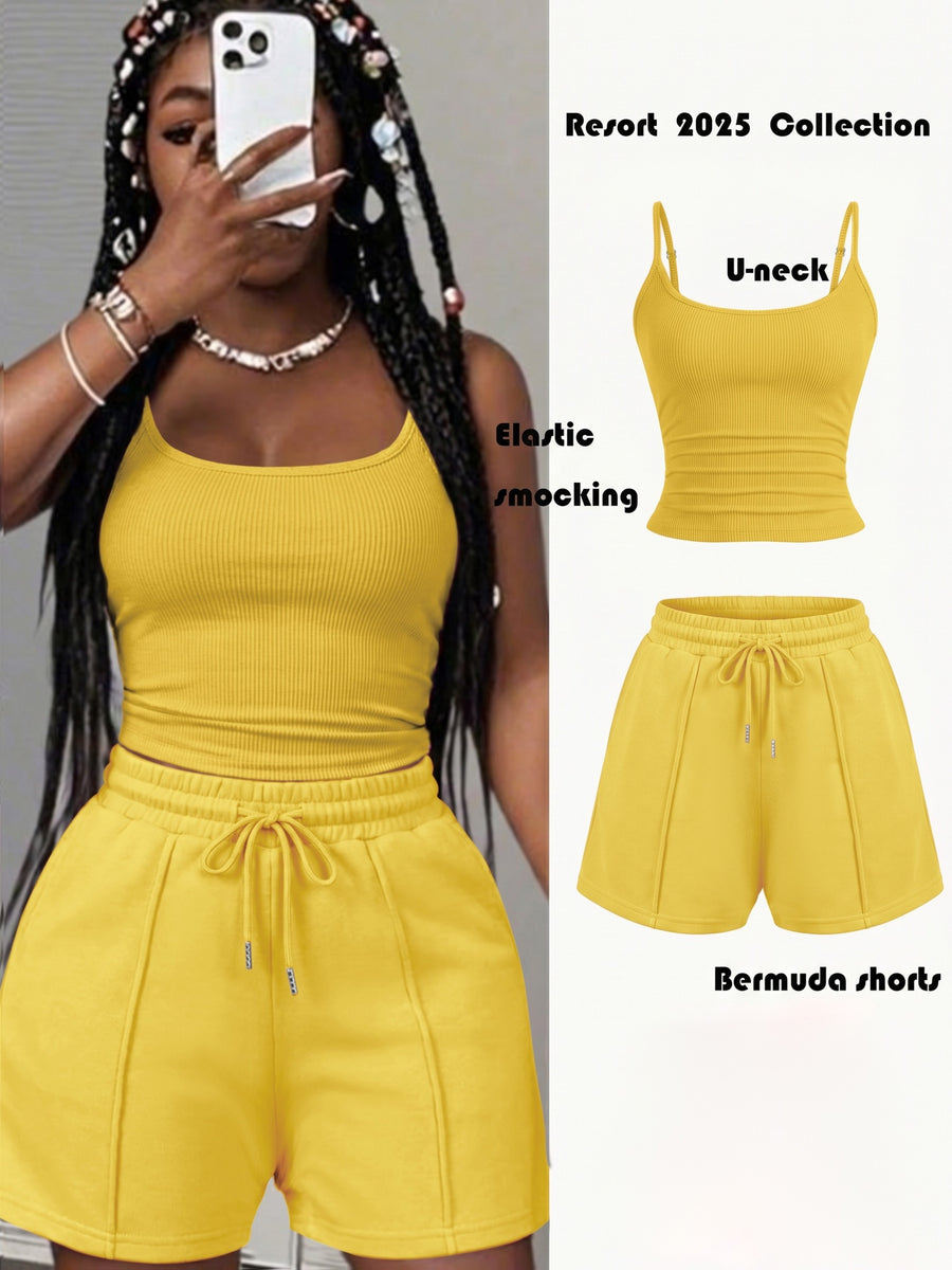 Women'S New Casual Camisole Knit Elastic Vest And Striped Textured Shorts 2pcs Set - Yellow