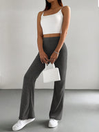 High-Waisted, Elastic Waist Straight-Leg Pants in Light with Small Ribbed Texture And a Slight Flare - Dark Gray