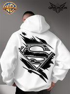 Warner Official Men's Hooded Sweatshirt, Black and White Distressed Batman Symbol Torn Wind Print Design, Machine Washable, Cozy and Comfortable Daily Drawstring Hooded Sweatshirt for Autumn and Winter, Versatile Sporty Casual Loose Fit - White