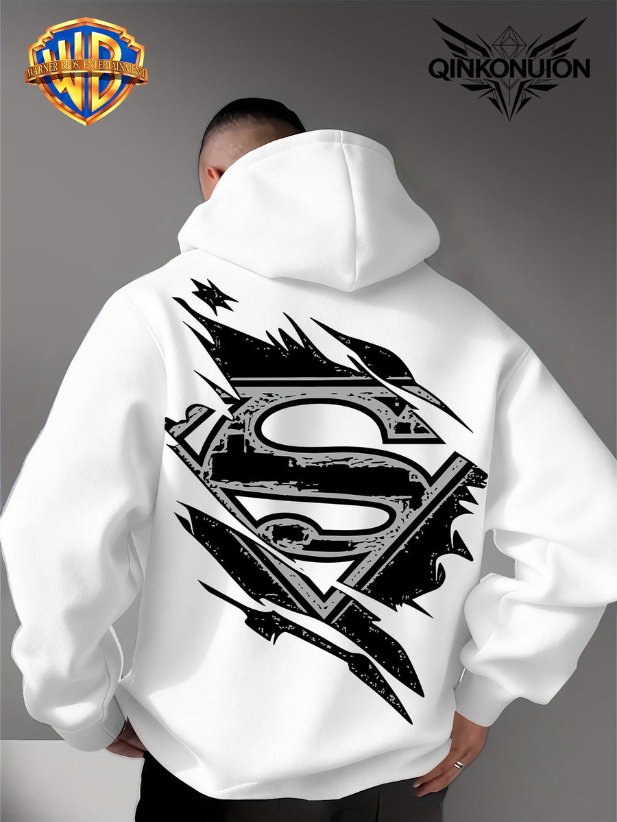 Warner Official Men's Hooded Sweatshirt, Black and White Distressed Batman Symbol Torn Wind Print Design, Machine Washable, Cozy and Comfortable Daily Drawstring Hooded Sweatshirt for Autumn and Winter, Versatile Sporty Casual Loose Fit - White