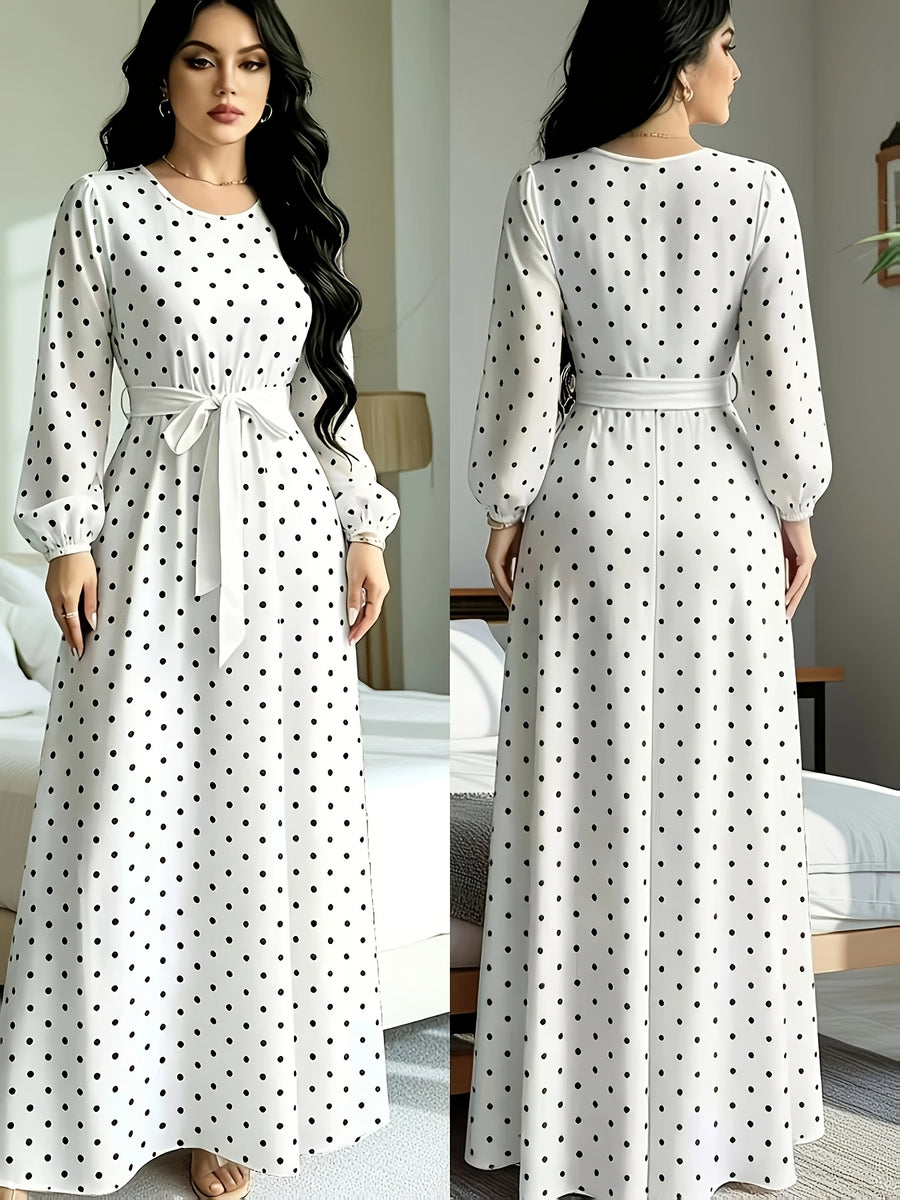 Polka Dot Printed Women'S Fashion Dress with Round Neck, Long Sleeves, Belted Waist Design, Elegant Long Dress Suitable for Spring And Autumn, Perfect for Festivals And Travel - White
