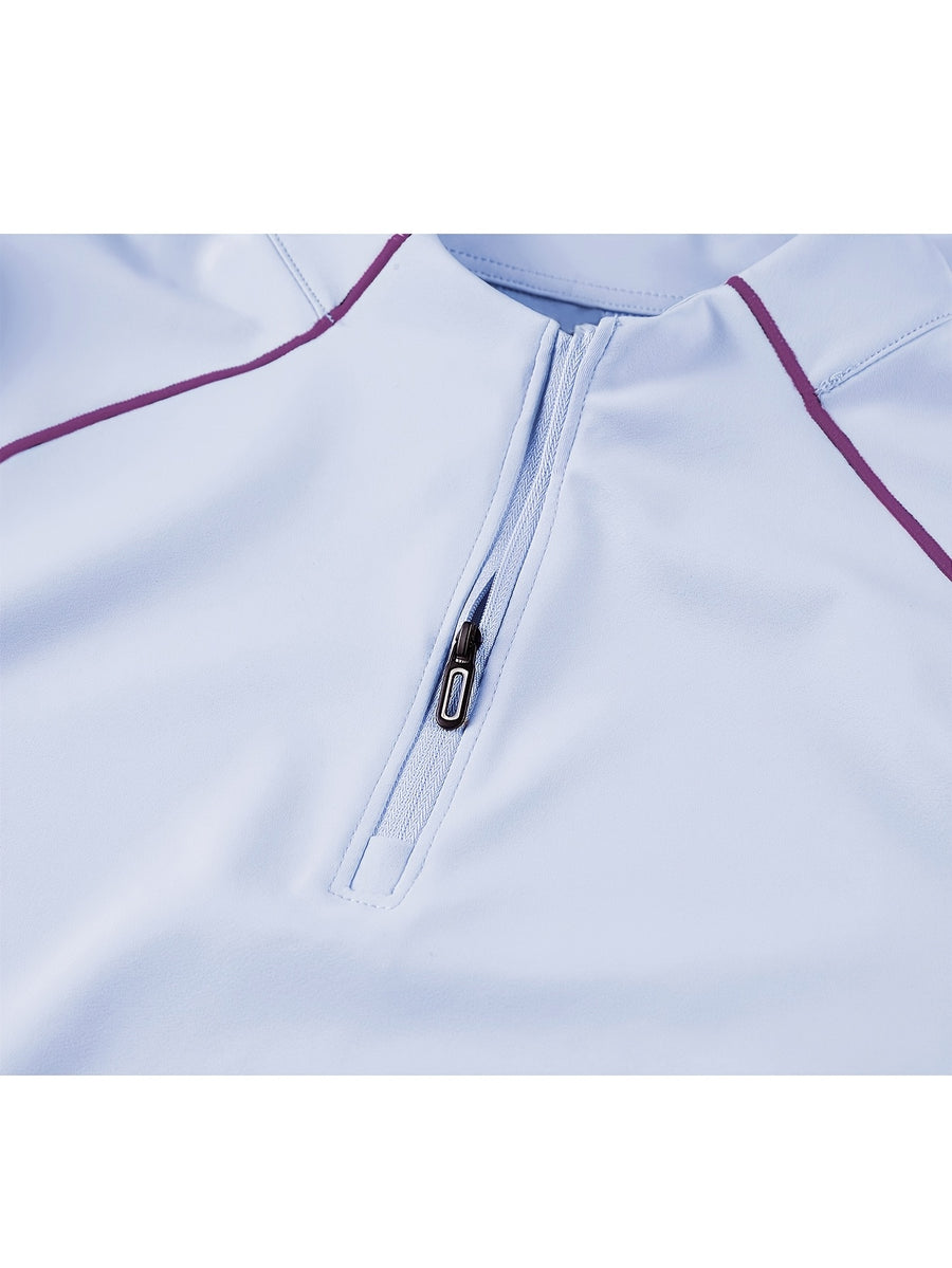 Single Pc Men'S Multi-Color Elastic Sports Fabric Long Sleeve Shirt, Half-Zipper Stand Collar, Contrast Line Decoration, Drop Shoulder Structure, Easy Techwear Style, Spring/Autumn Fit Waist-Cinching Shape - Glacier Blue