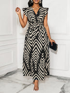 Women'S Striped Dress with Lotus Leaf Sleeves - Mixed colors