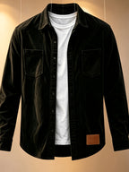 Men'S Fashion Corduroy Solid Color Lapel Shirt, Pocket Embellished Casual Open Front Blouse Men'S Top Shirt - Black