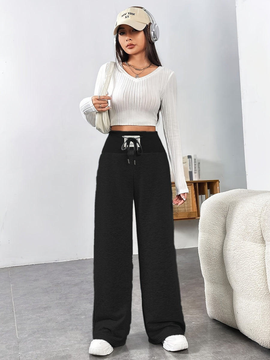 High-waisted Ribbed Waistband Wide-leg Pants with Contrast Drawstring and Label, No Pockets, Solid Color, Versatile for Daily Commuting in Spring, Summer, and Autumn. Lightweight and Easy to Wear, a Fashionable Choice - Black