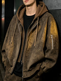 Men's Vintage Washed Layered Hooded Bomber Jacket, Distressed Faux Zip Up Coat, Loose Fit Streetwear Casual Outerwear with Arm Pocket - Coffee Color