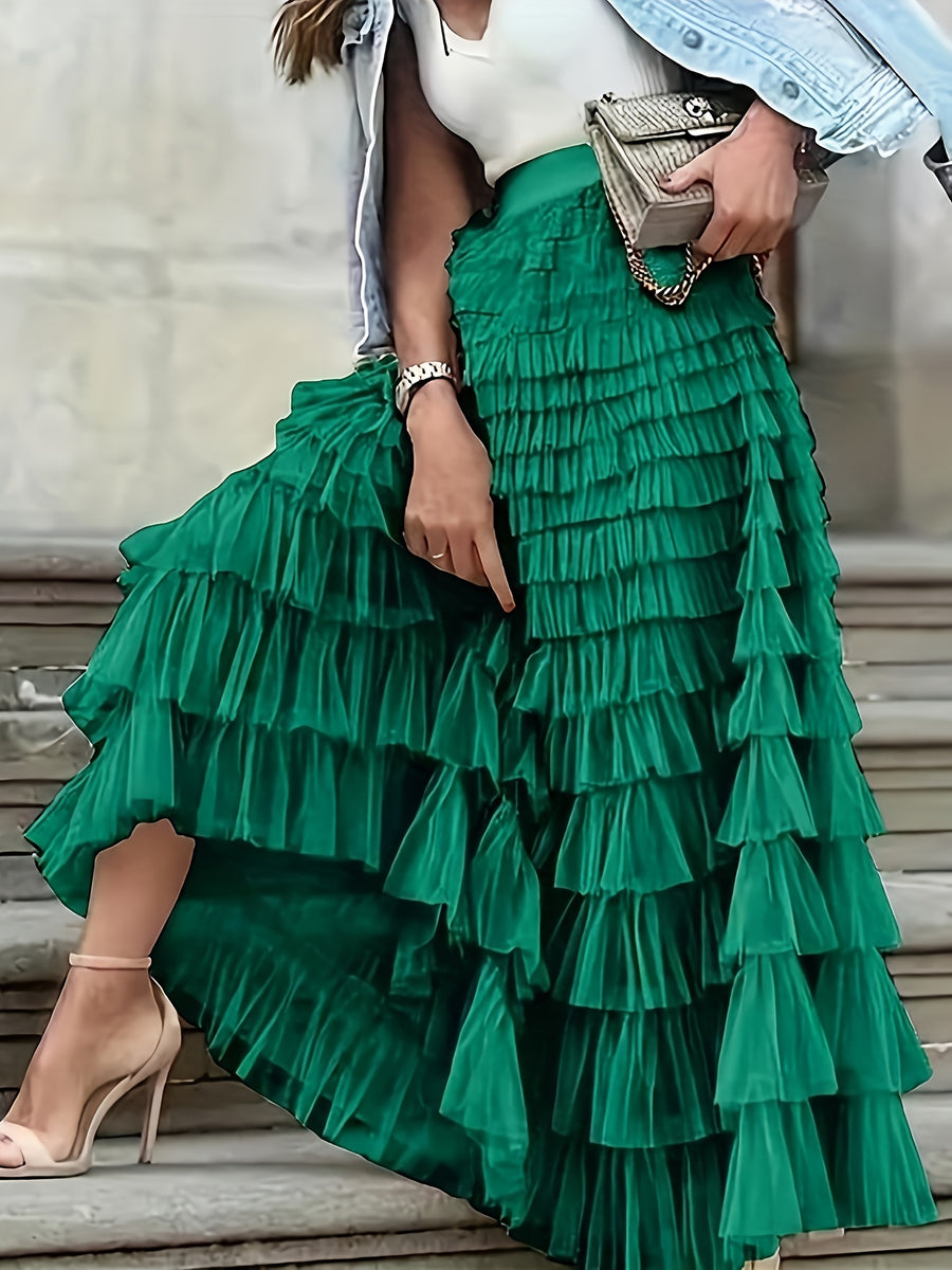 Elegant Mesh Long Cake Skirt with Elastic Waist - Green