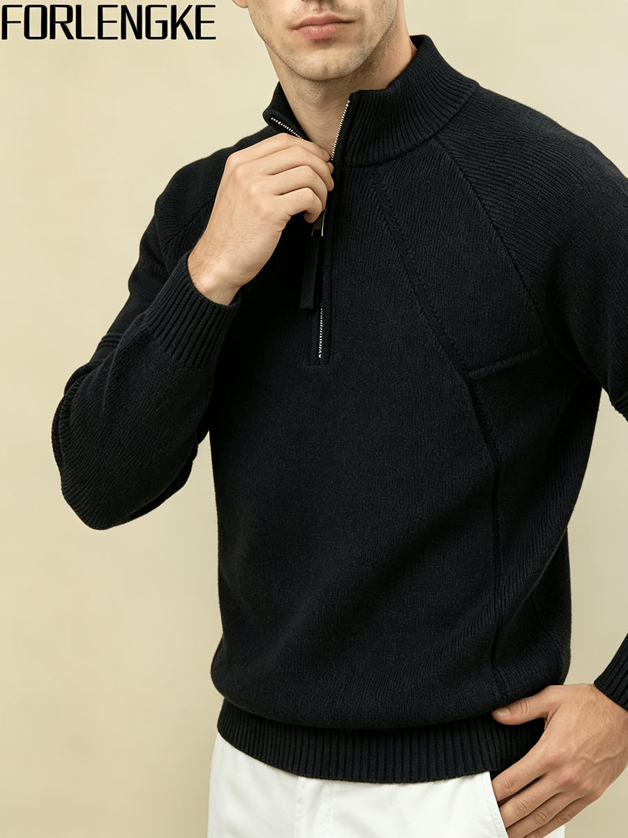FORLENGKE Autumn and Winter Men's Half-Turtleneck Half-Zip Sweater with 3D Cut and Textured Knit, Metal Half-Zip Stand Collar, Simple Solid Design, Commuter and Casual Wear, Men's Autumn and Winter Base Knit Pullover - Black