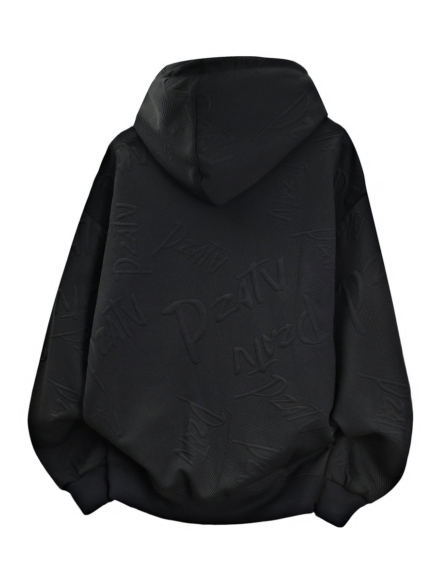 Men'S Jacquard 3D Letter Hooded Sweatshirt Solid Texture Oversized Drop Shoulder Pullover Casual Street Style Drawstring Kangaroo Pocket Daily Top - Black